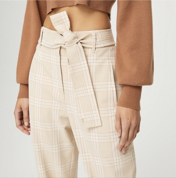 WILFRED Tie Front Pants Cream Plaid Trouser Belted Straight Leg 2 Aritzia - Picture 1 of 13